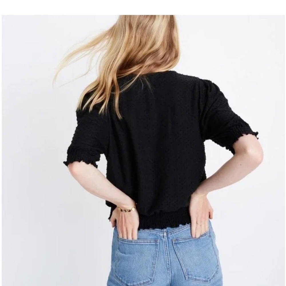 Madewell Texture & Thread Black Textured Swiss Dot smocked Crossover Top - Picture 2 of 9